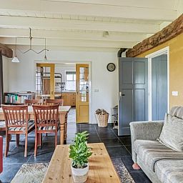 Gezellige woonkamer van Vakantiehuisje in Wapse, Zuidwest Drenthe, met houten balken en comfortabele zithoek voor een ontspannen verblijf.