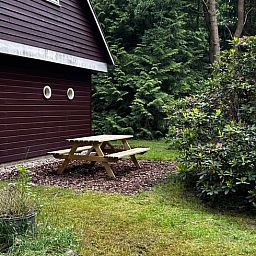 Geniet van de rust bij Huisje in Wateren, een vakantiehuis in Zuidwest Drenthe, met een gezellige picknickplek omringd door natuur.