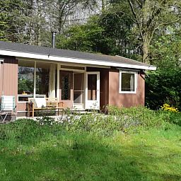 Sunny garden of Huisje in Koekange, vacation home in Southwest Drenthe, with patio chairs and flowers.