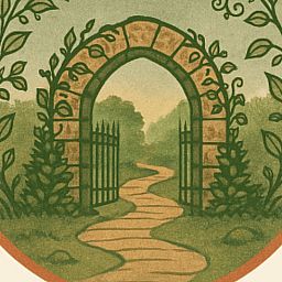 Sfeervolle illustratie bij vakantiehuis in Elim, Drenthe, met een stenen poort en kronkelend pad.