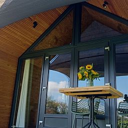 Terras van Huisje in Hollandscheveld met zonnebloemen, gelegen in Drenthe.