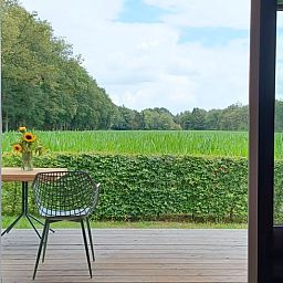 Uitzicht vanaf de binnenruimte van Huisje in Hollandscheveld op Drentse natuur.