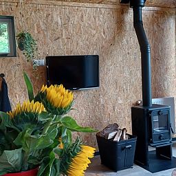 Gezellige woonkamer met houtkachel in Huisje in Hollandscheveld, Zuidwest Drenthe.