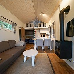 Gezellige woonkamer in de vrijstaande woning in Biddinghuizen, Flevoland met open haard en comfortabele zithoek.