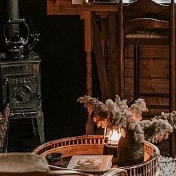 Cozy interior of Holiday Home in Zeewolde, Southern Flevoland, with rustic furnishings and cozy wood-burning stove.