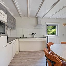 Moderne keuken in Aangepaste bungalow de Dobbe, vakantiehuis in Appelscha, Friese bossen, met uitzicht op groene natuur.