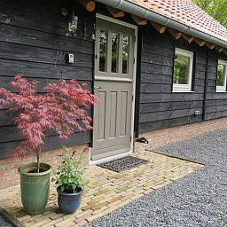 Entrance of Cottage in Haulerwijk, vacation home in Friesland, with green plants.