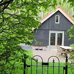 Backyard of Cottage in Haulerwijk, vacation home in Friesland, with terrace and greenery.