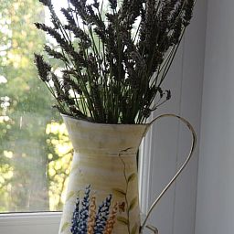 Dekorative Vase mit Blumen in Cottage in Wijnaldum, Ferienhaus in Friesland.