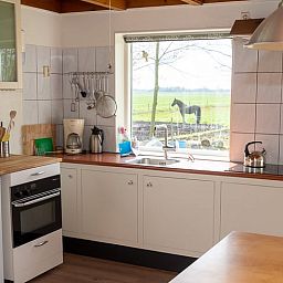 Gemuetliche Kueche in Huisje in Echten, Ferienhaus in der friesischen Landschaft, mit Blick auf gruene Wiesen und ein Pferd in Friesland.