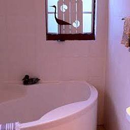 Moderne badkamer in Huisje in Twijzelerheide, vakantiehuis in Friesland met bad en sfeervol raam.