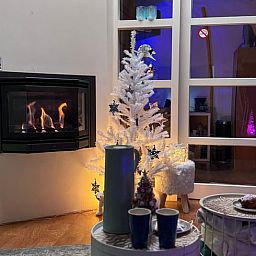 Gemuetlicher Innenbereich des Ferienhauses in Boksum, Friesland, mit stimmungsvollem Kamin und festlicher Dekoration in der friesischen Landschaft.