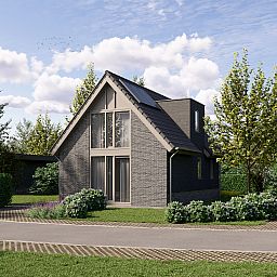 Voorzijde van de Vrijstaande woning in Eck en Wiel, Gelderland, met parkeerplaats en natuurlijke omgeving.