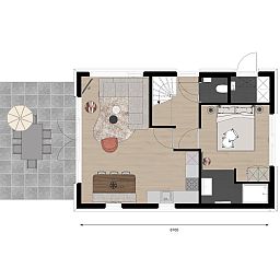 Plattegrond van de begane grond van de Vrijstaande woning in Eck en Wiel, Gelderland, met terras.