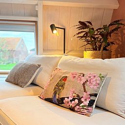 Gezellige woonkamer in Huisje in Acquoy, vakantiehuis in het Rivierengebied, Gelderland, met comfortabele bank en sfeervolle decoratie.