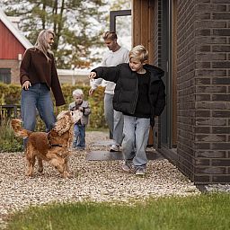 Stijlvolle binnenruimte van Parklodge 6 in Kotten: luxe vakantiehuis met grote ramen.