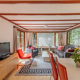 Binnenruimte met tv in DG1545 vakantiehuis, Lochem, Achterhoek, Gelderland.