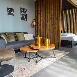 Stylish living room in Chalet in Lochem with modern furnishings, Achterhoek, Gelderland.