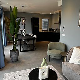 Stylish living room in Chalet in Lochem with modern furnishings in Achterhoek, Gelderland.