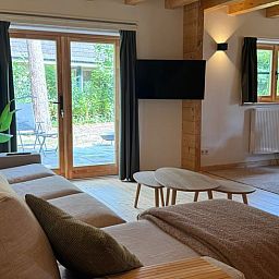 Gezellige woonkamer in Vakantiehuis in Lochem, Achterhoek, met uitzicht op terras en natuur in Gelderland.