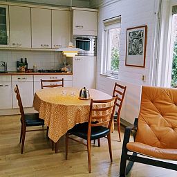 Gezellige keuken en eetruimte in Huisje in Harfsen, vakantiehuis in de Achterhoek, Gelderland, met uitzicht op de groene omgeving.