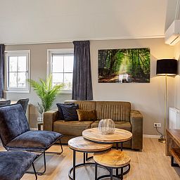 Gezellige zithoek in Module Notario Deluxe, vakantiehuis in Lichtenvoorde, Achterhoek, met bank en decoratieve elementen.