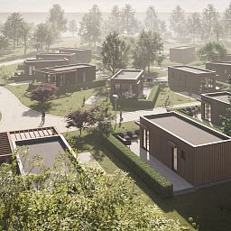 Luchtfoto van Chalet in Olburgen, vakantiehuizen te midden van de natuur in Gelderland.