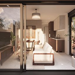 Stijlvolle binnenruimte van Chalet in Olburgen, met open keuken en woonkamer in de Achterhoek.