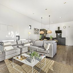 Stylish sitting area in The Butterflyhoeve 8-person house with modern decoration.