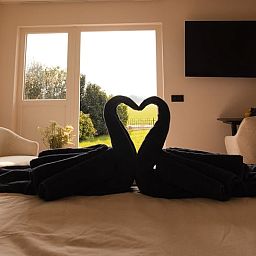 View from the bedroom of Holiday Home in Wilp-Achterhoek with swan towels.