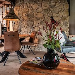 Gezellige woonkamer in Huisje in Empe, vakantiehuis Gelderse vallei, met stenen muur en comfortabele stoelen.