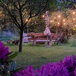 Sfeervol verlicht terras bij Huisje in Tonden, vakantiehuis in de Gelderse vallei, omringd door natuur en kleurrijke bloemen.