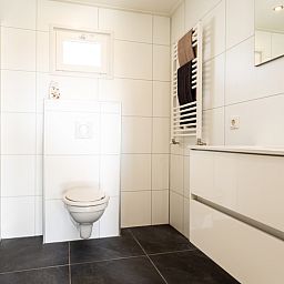 Modern bathroom in Leijhoeve 4-person wellness vacation home, Beekbergen, Veluwe, Gelderland, with sleek tiles and luxurious amenities.