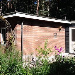 Ferienhaus in Beekbergen, Veluwe, Gelderland, mit einem sonnigen Garten, umgeben von Natur und rustikalen Backsteinmauern.