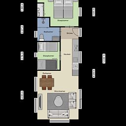 Plattegrond van Module Wood 5 personen vakantiehuis in Ede Veluwe met indeling van kamers en voorzieningen.