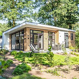 Entspannen Sie sich auf der Terrasse des Ferienhauses Boslodge Silva in Ede, umgeben von der Natur.