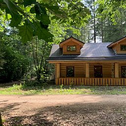 Ferienhaus in Emst, Veluwe, Gelderland, umgeben von ueppiger Natur, bietet einen rustikalen Aufenthalt in einem charmanten Holzhaeuschen.