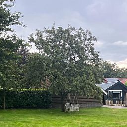 Ruim grasveld bij Vakantiehuisje in Ermelo, Veluwe, Gelderland, omringd door bomen en natuur voor een ontspannen verblijf.