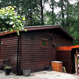 Moderne buitenzijde van Vakantiehuisje in Garderen, Veluwe, met praktische opslagruimte in de bosrijke omgeving van Gelderland.