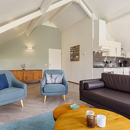 Cozy living room of Veluwse Hoevewoning 4 in Putten, Veluwe, Gelderland with modern furnishings and open kitchen.