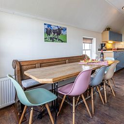 Dining area in Holiday Home in Wezep Oldebroek, Veluwe, Gelderland with spacious table and colorful chairs.