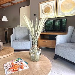 Gemuetliches Wohnzimmer im Ferienhaus in Voorthuizen, Veluwe, Gelderland, mit bequemen Stuehlen und modernen Moebeln.