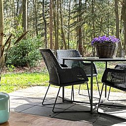 Gemuetliche Terrasse im Ferienhaus in Voorthuizen, ideal zum Entspannen in der Natur der Veluwe.
