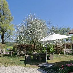 Zonnig terras bij vakantiehuis in Hulshorst, ideaal voor ontspanning, Veluwe, Gelderland.