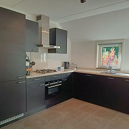 Moderne keuken van Vakantiehuis Geheim van Otterlo 6 in Otterlo, Veluwe, Gelderland met uitzicht op de natuur.