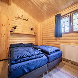 Slaapkamer met twee eenpersoonsbedden in Vakantiehuis Boekhorst 5, Otterlo, Veluwe, met houten muren en raam.