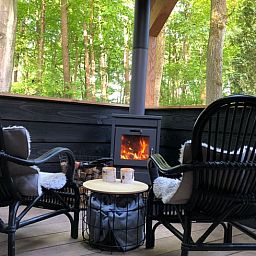 Cozy porch of Holiday Home in Epe in the Veluwe, Gelderland, with fireplace and views of the wooded landscape.