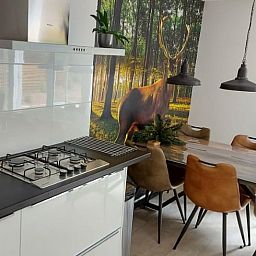 Modern dining room in Cottage in Nunspeet, Veluwe, overlooking the nature of Gelderland.