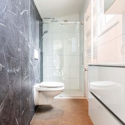 Modernes Badezimmer im Silva 5 Personen Wellness-Ferienhaus, Lunteren, Veluwe, mit luxurioeser Ausstattung und geraeumiger Dusche.