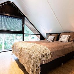 Ruime slaapkamer met uitzicht op bos in Recreatievilla 6 personen, Lunteren. Vakantiehuis op de Veluwe, Gelderland.